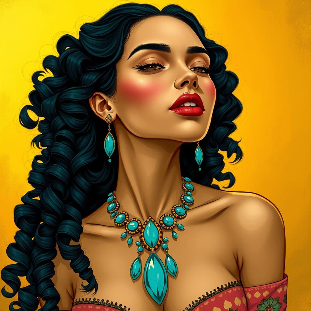 Elegant Woman in Turquoise Jewelry, Art Nouveau Style