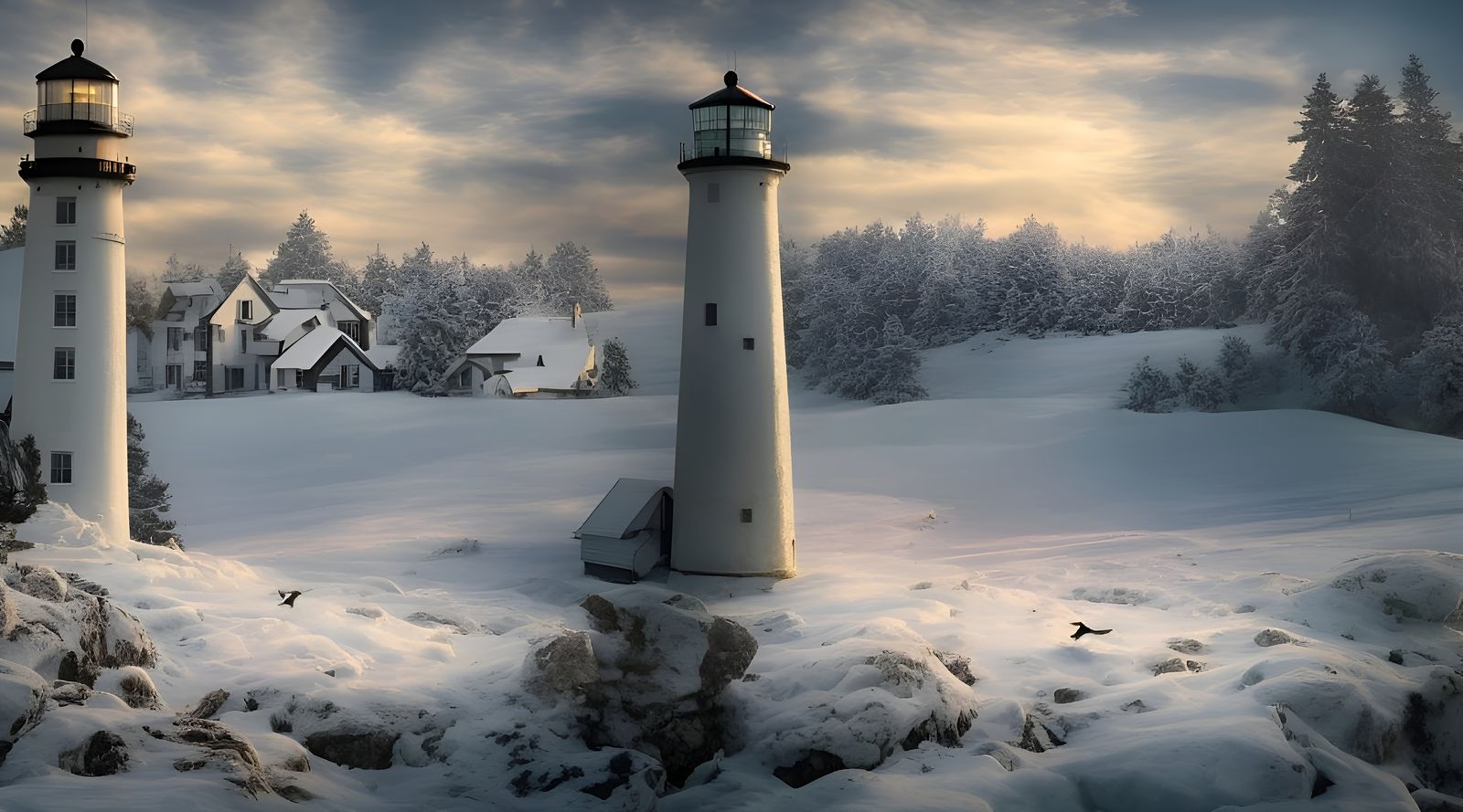 Winter Lighthouse Scene with Animal