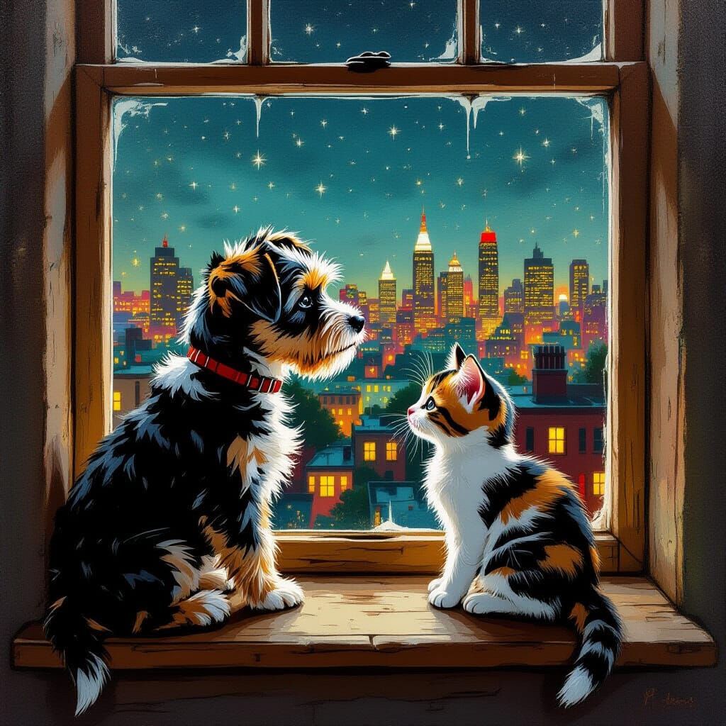 Terrier Pup and Calico Kitten Watch City Lights