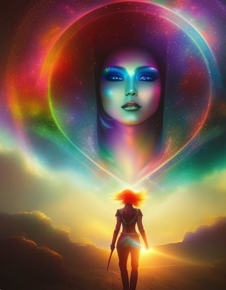 Rainbow Goddess in Cosmic Night Sky