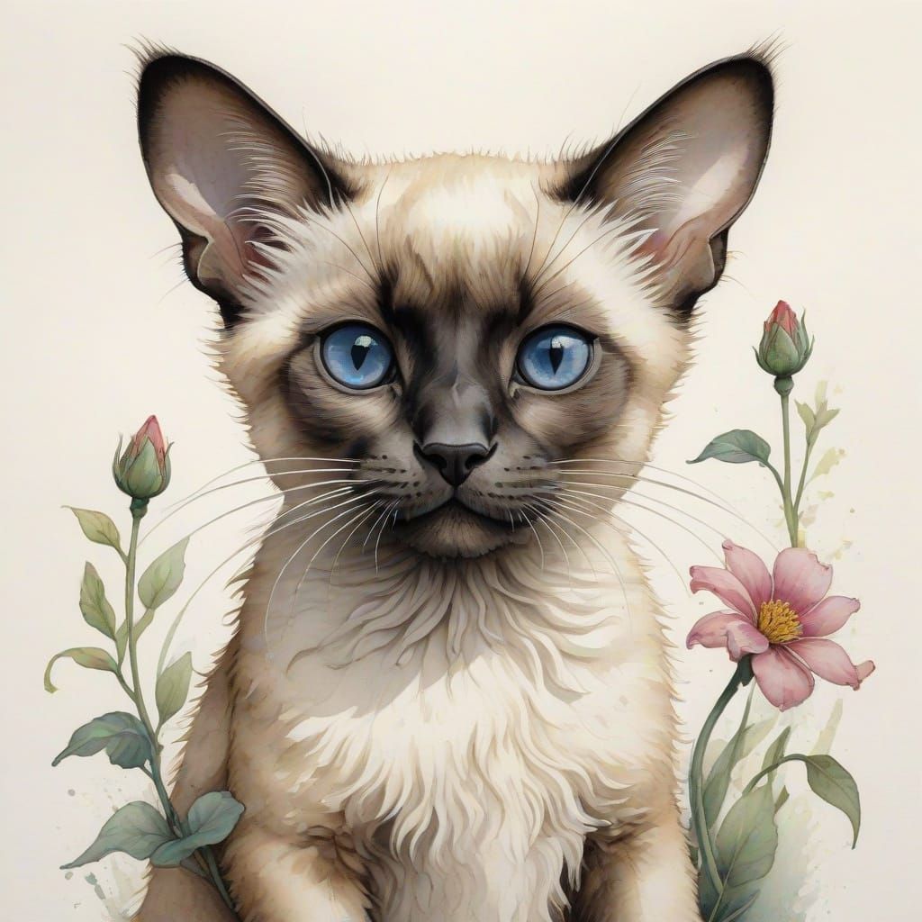 Adorable Fluffy Siamese Cat with Flower Nose in Watercolor