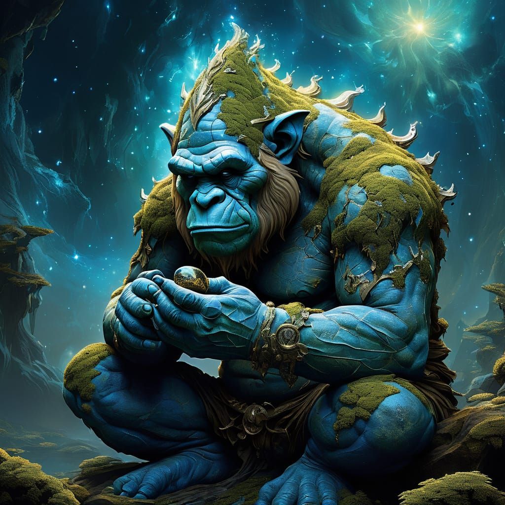 Giant Moss Troll in Cosmic Nebula, Digital Painting