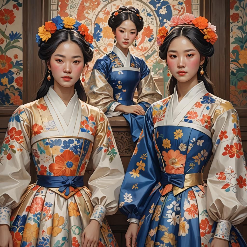 South Korean Sisters in 17th Century France wearing Matisse patterned Hanae Mori dresses.