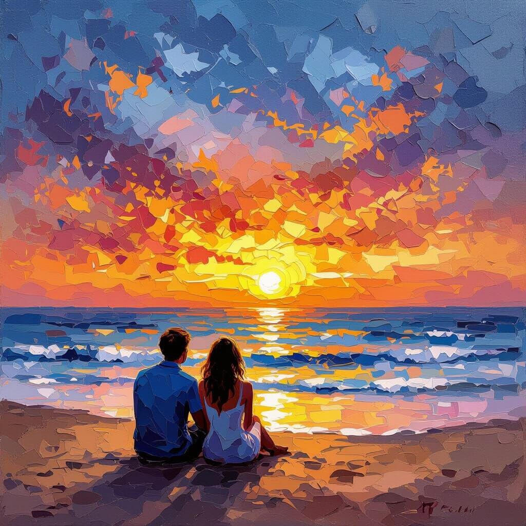 Couple Watching Sunset on Beach in Neo-Impressionist Style