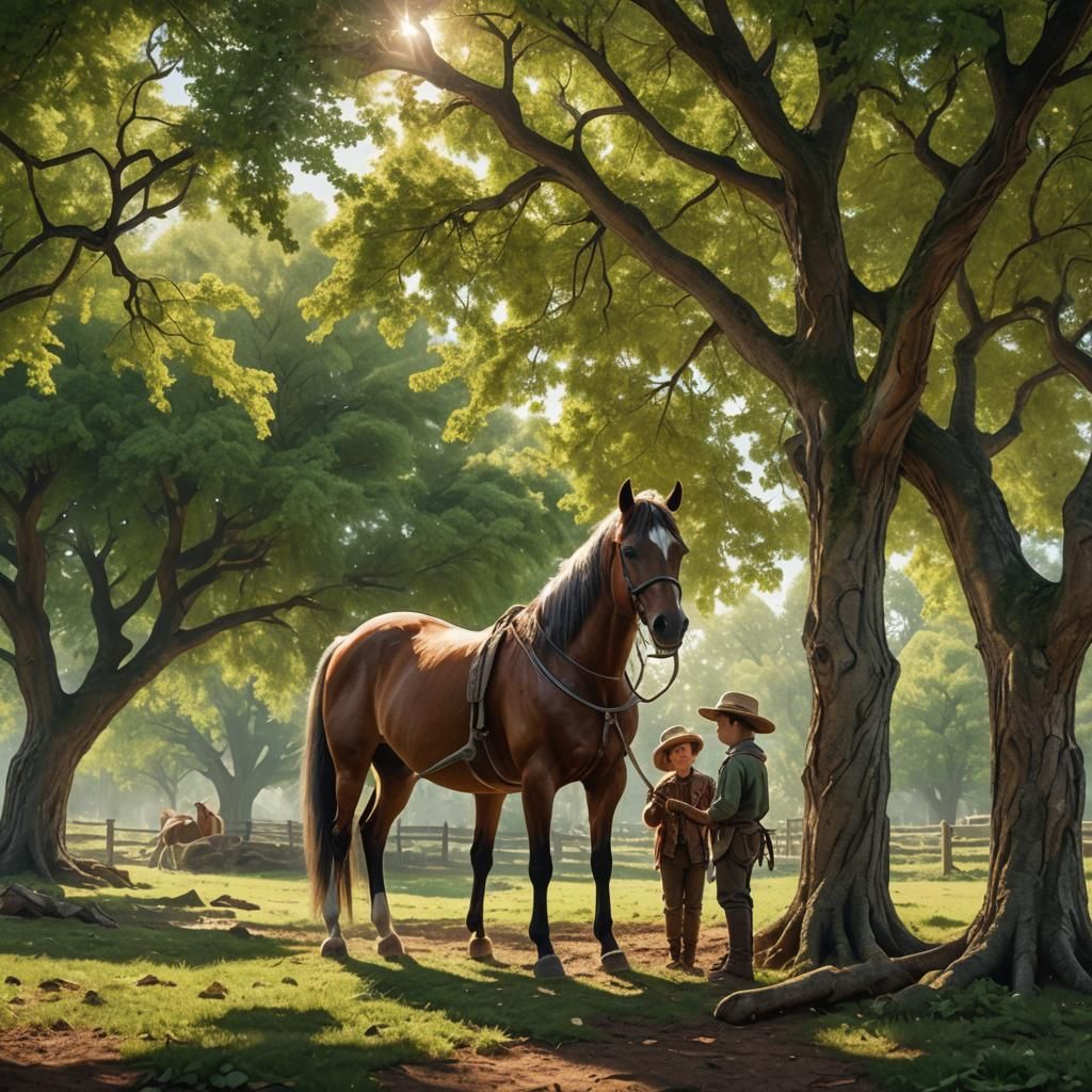 Sunlit Horse and Foal Under Green Tree