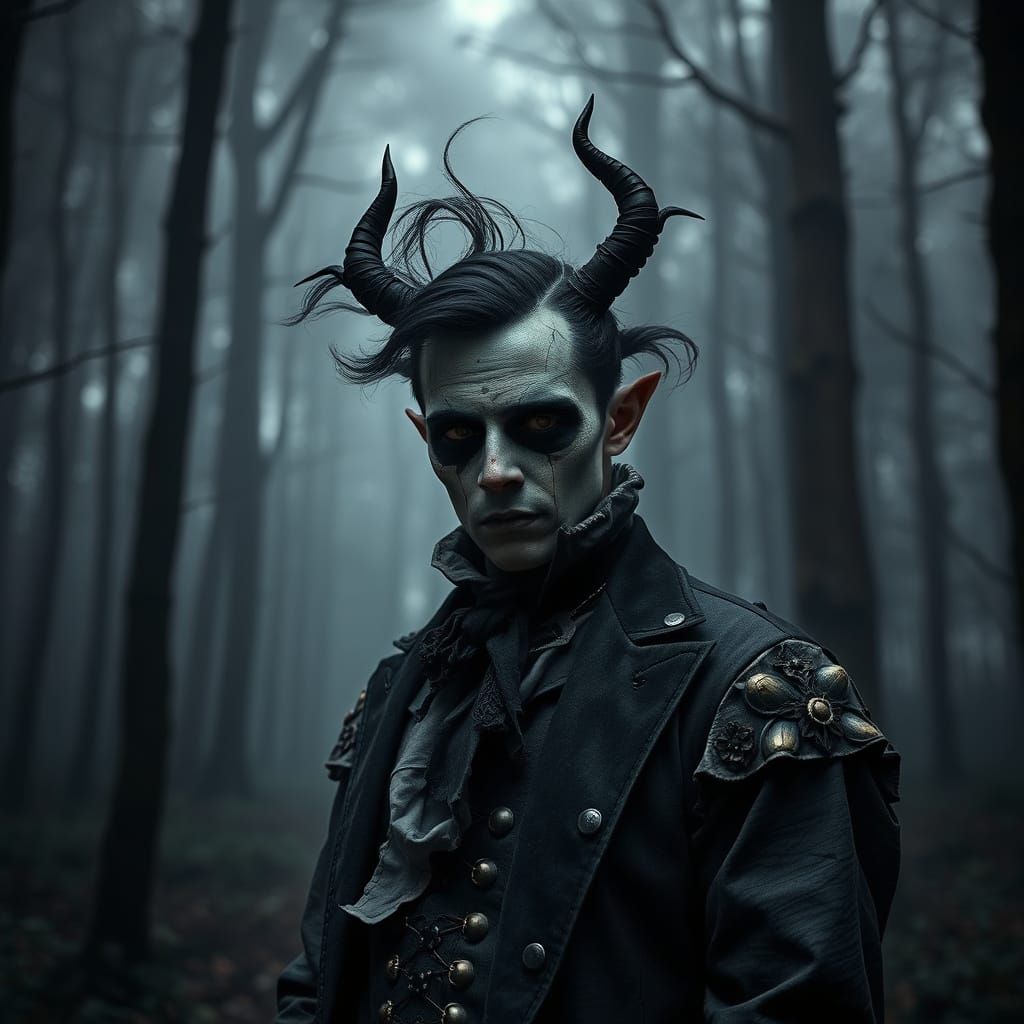 Gothic Vampire in Victorian Attire Against Dark Forest