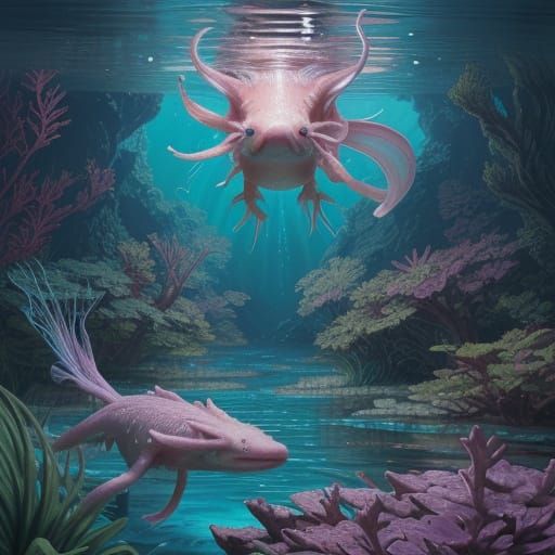 Vibrant Axolotl in Fantasy Underwater Scene