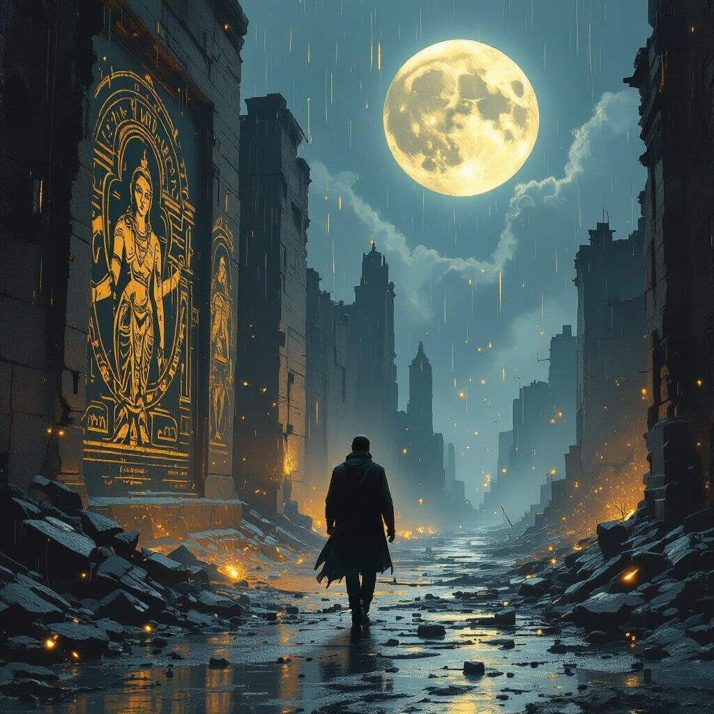 Man Graffiti Ruins Under Full Moon