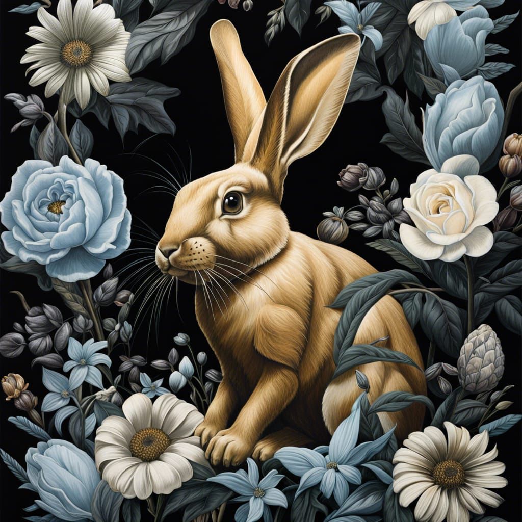 Hyperrealistic Rabbit Among Black Flowers