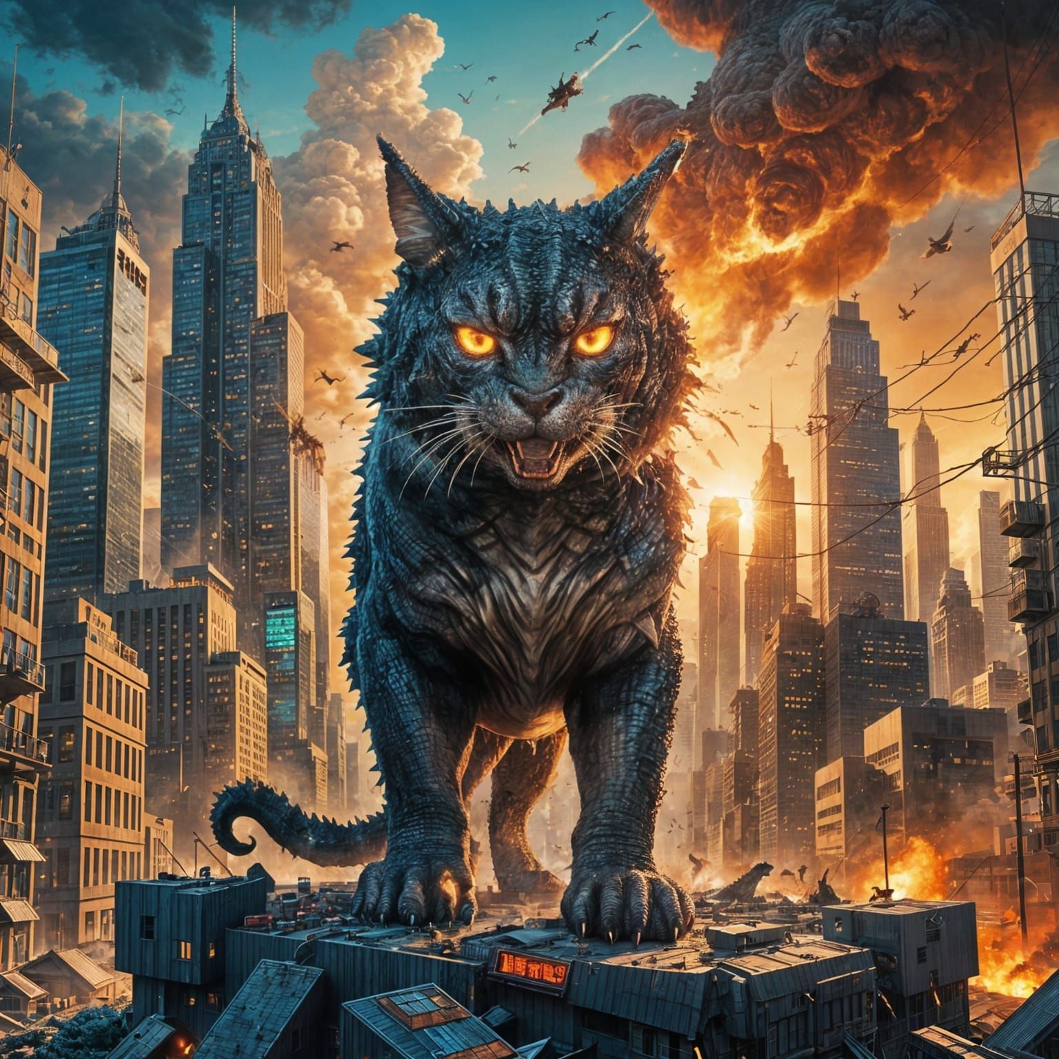 Giant Cat Godzilla Destroys City