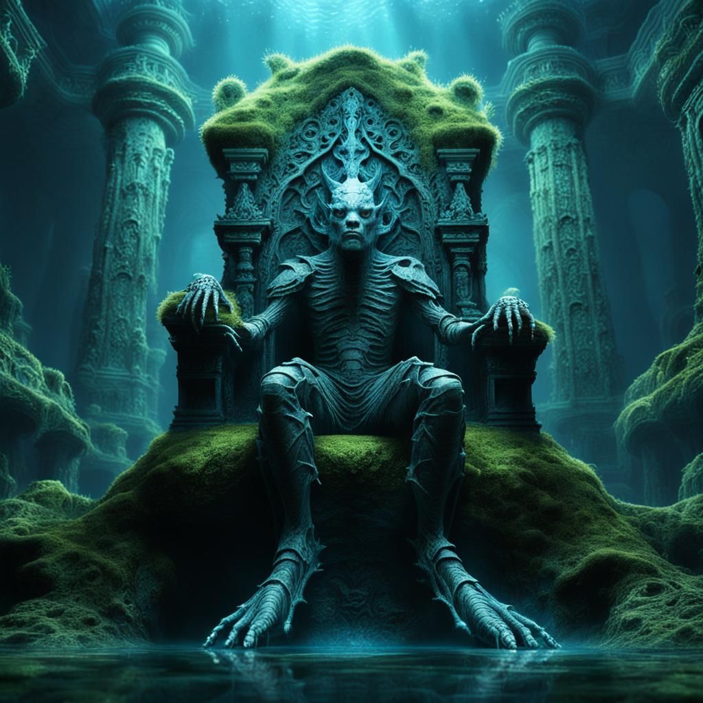 Amphibious Creature on Underwater Throne in Tenebrism Style
