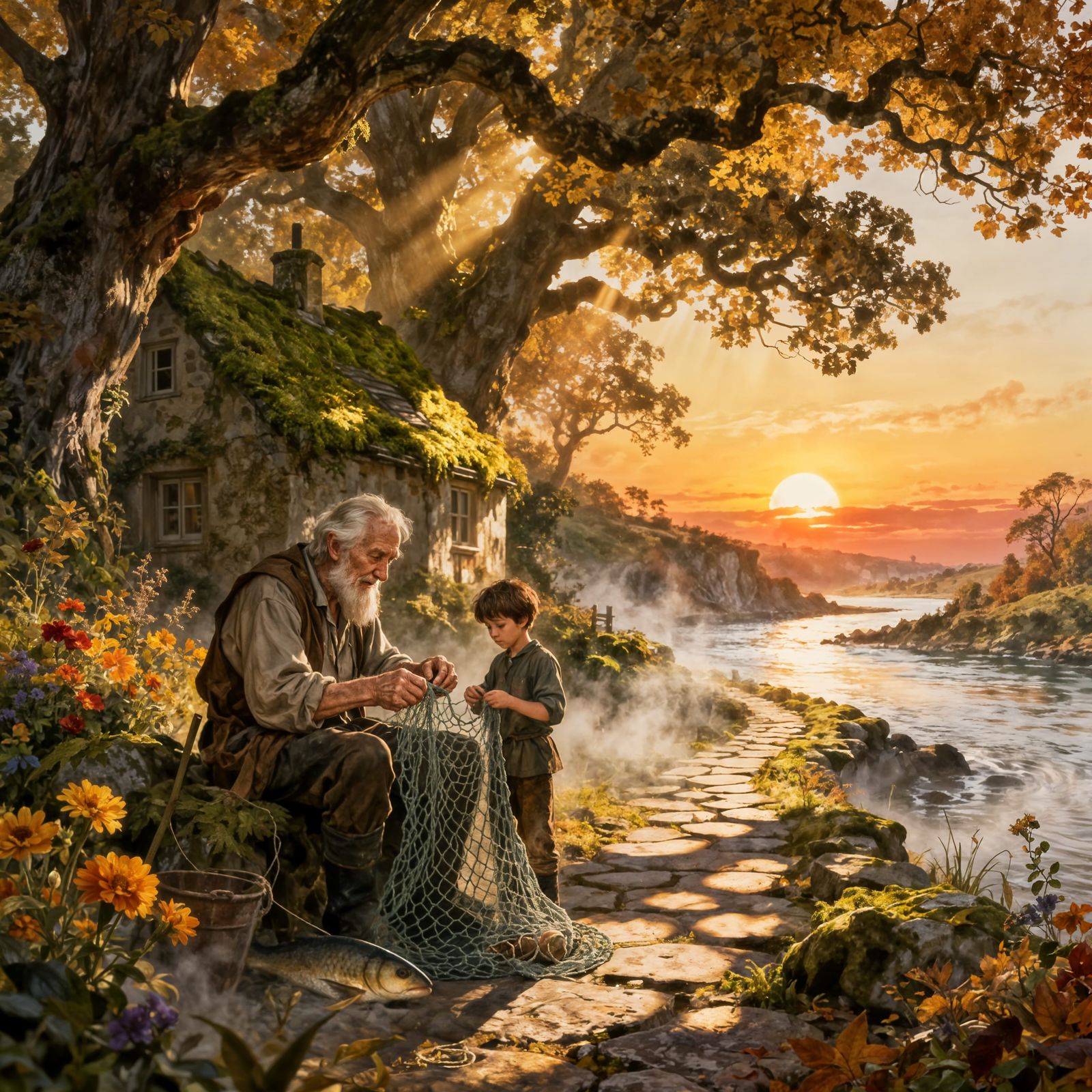 Grandfather Teaches Grandson to Mend Nets by River