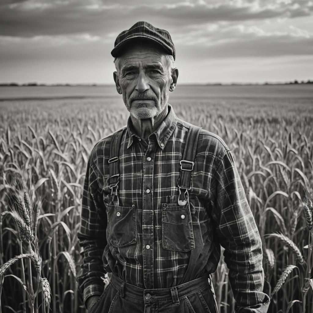Vintage Black and White Farmer Portrait in Wheat Field