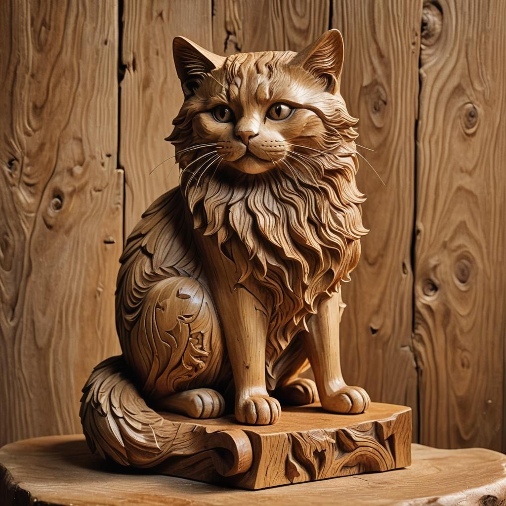 Detailed Wood Carving of a Cat