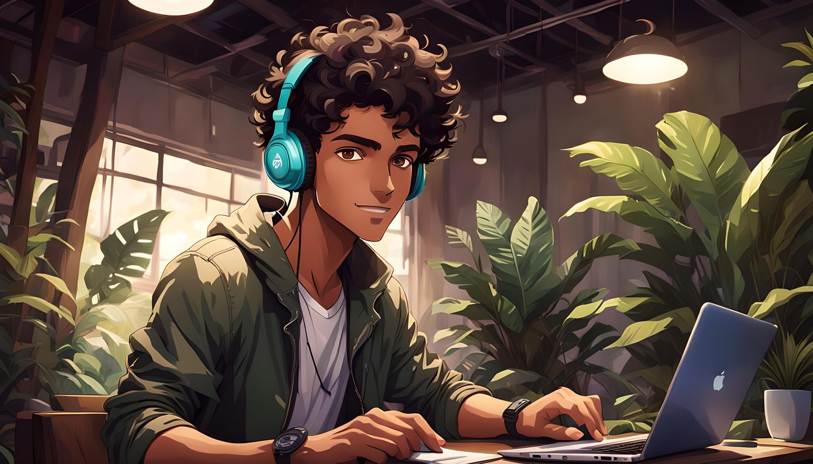 Anime Boy Working on Laptop in Tropical Room