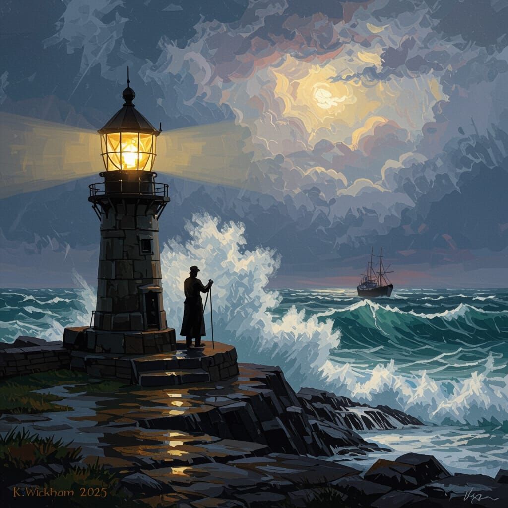 Lighthouse Keeper's Vigil Against Brewing Storm