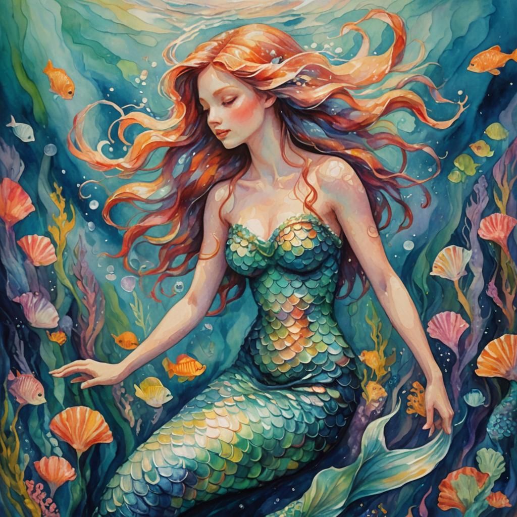 Dreamy Mermaid in Deep Sea Impasto Painting