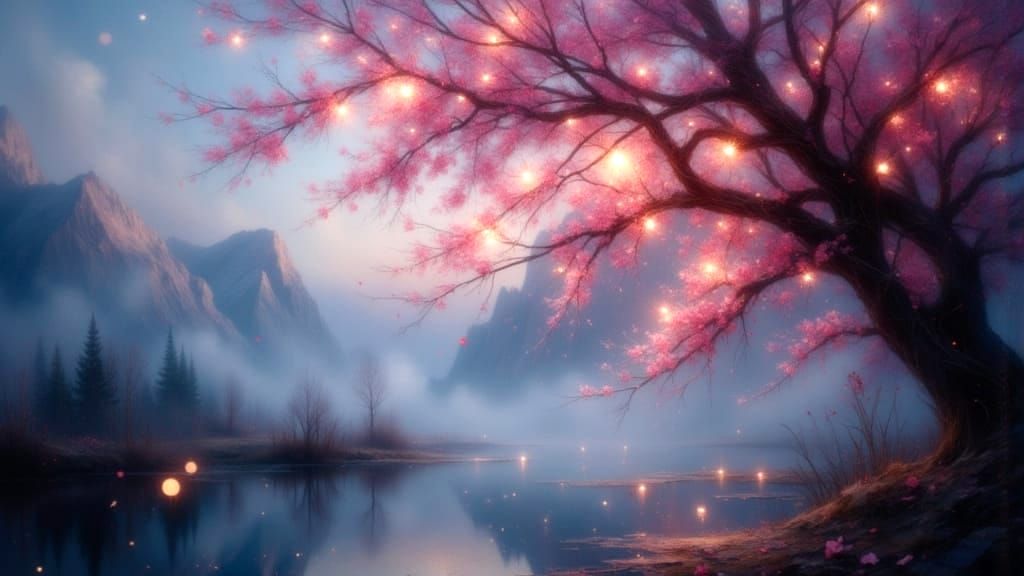 Dreamy Twilight Landscape with Glowing Tree