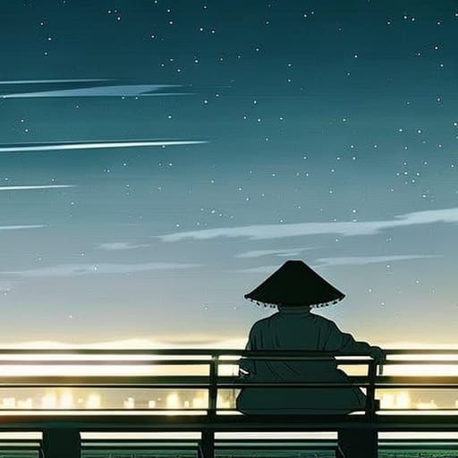 Ninja Watches Night Sky: Ghibli Anime Art