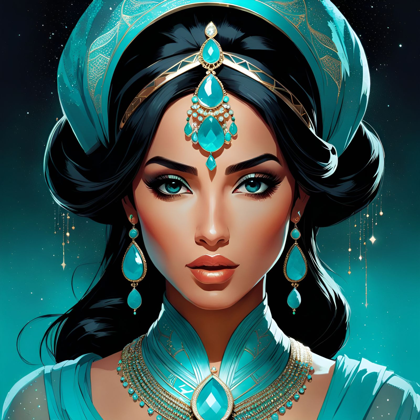 Gorgeous Princess Jasmine Portrait with Turquoise Filigree