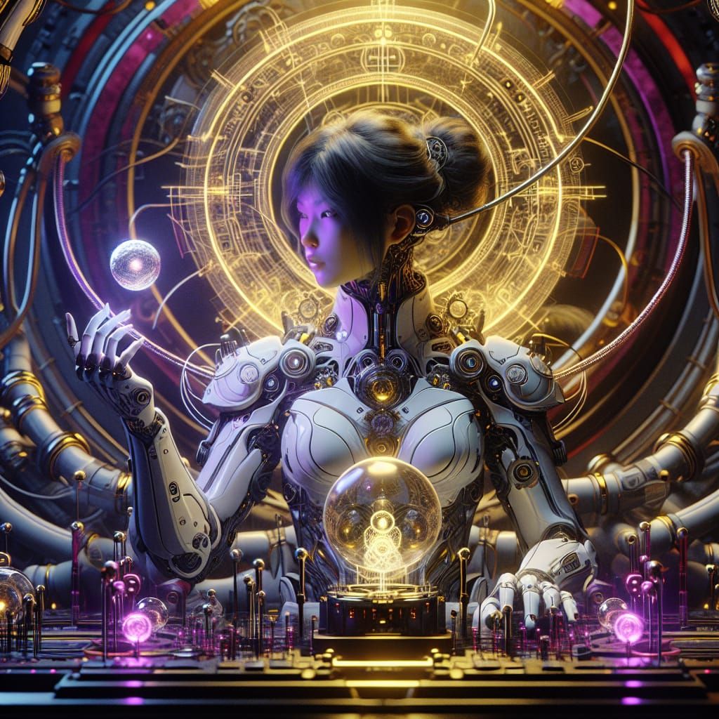 Futuristic Asian Woman in Sci-Fi Ship, Symbolist Art