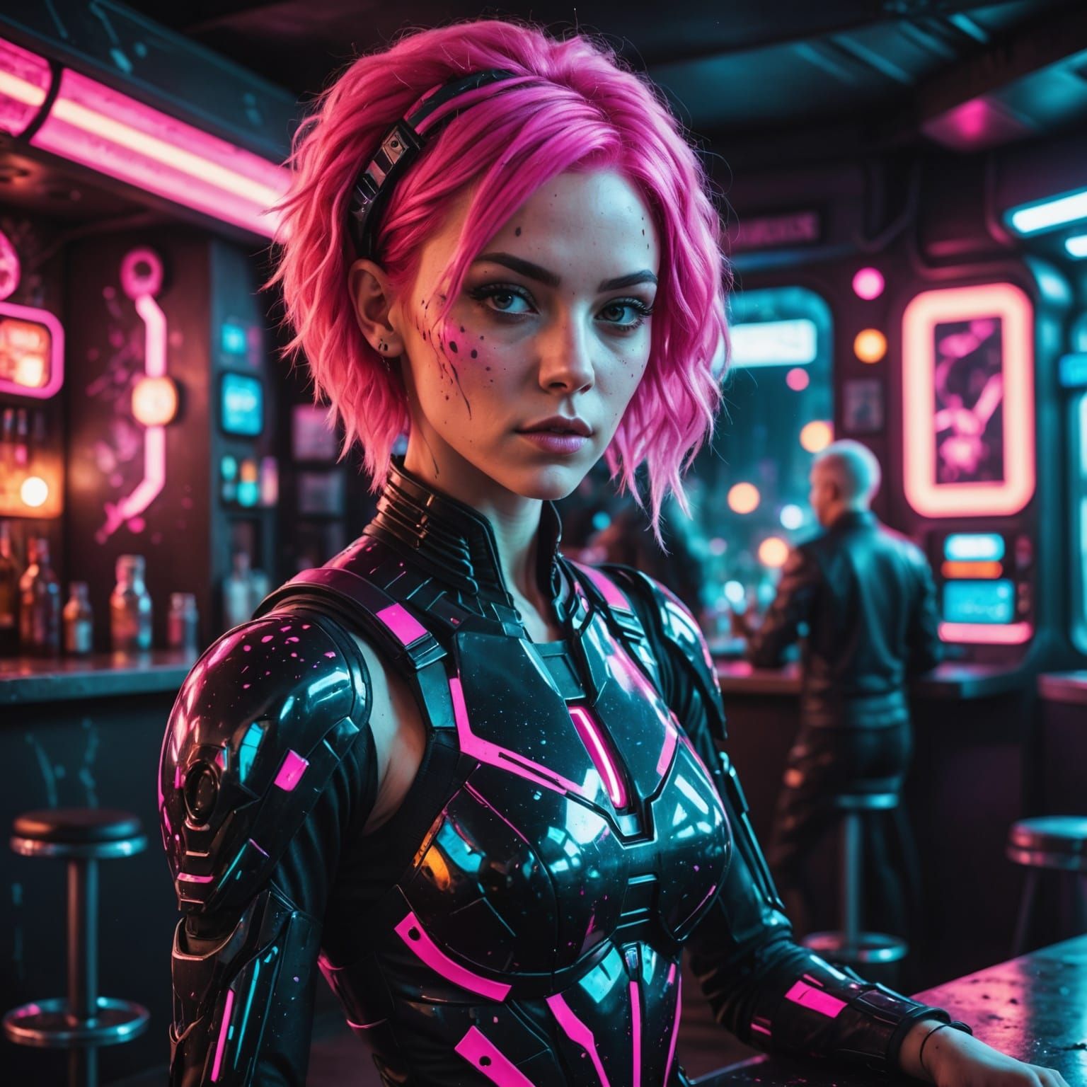 Pretty Alien Posing in Sci-Fi Bar in Ink Splatter