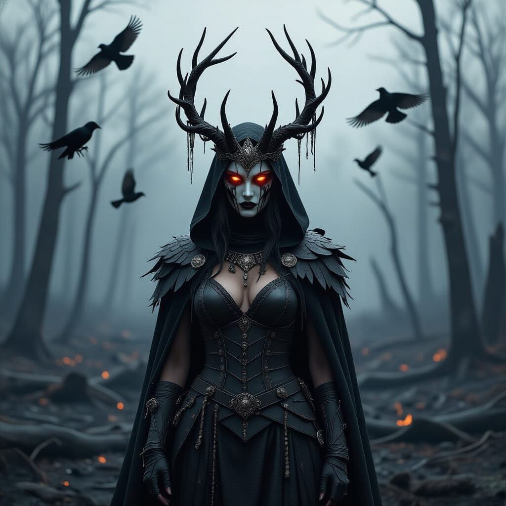 Horned Queen in Scorched Forest: Hyperreal Horror