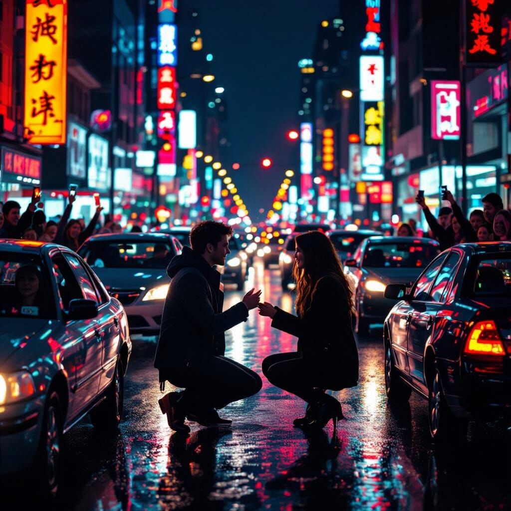 Romantic Proposal Amidst Chaotic Night Traffic Jam