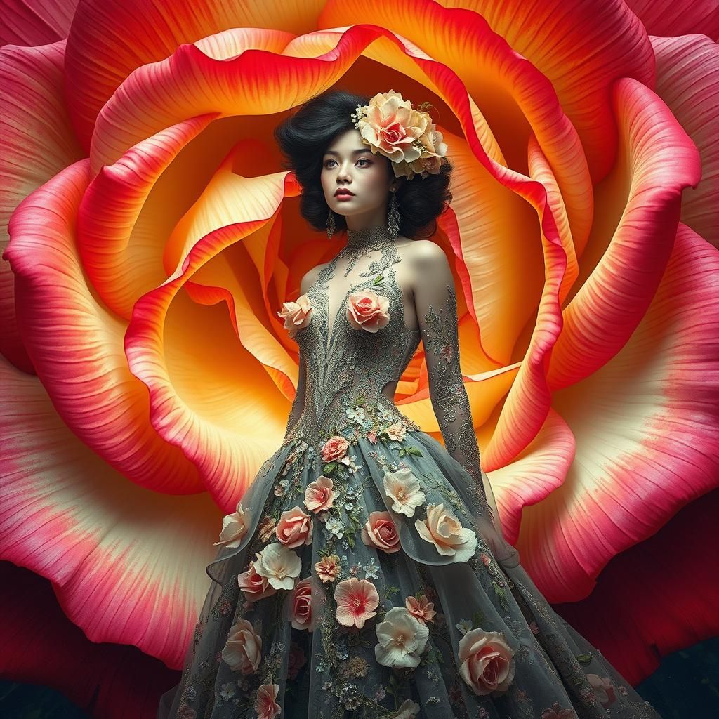 Woman Emerges from Rose in Pop Surrealist Style