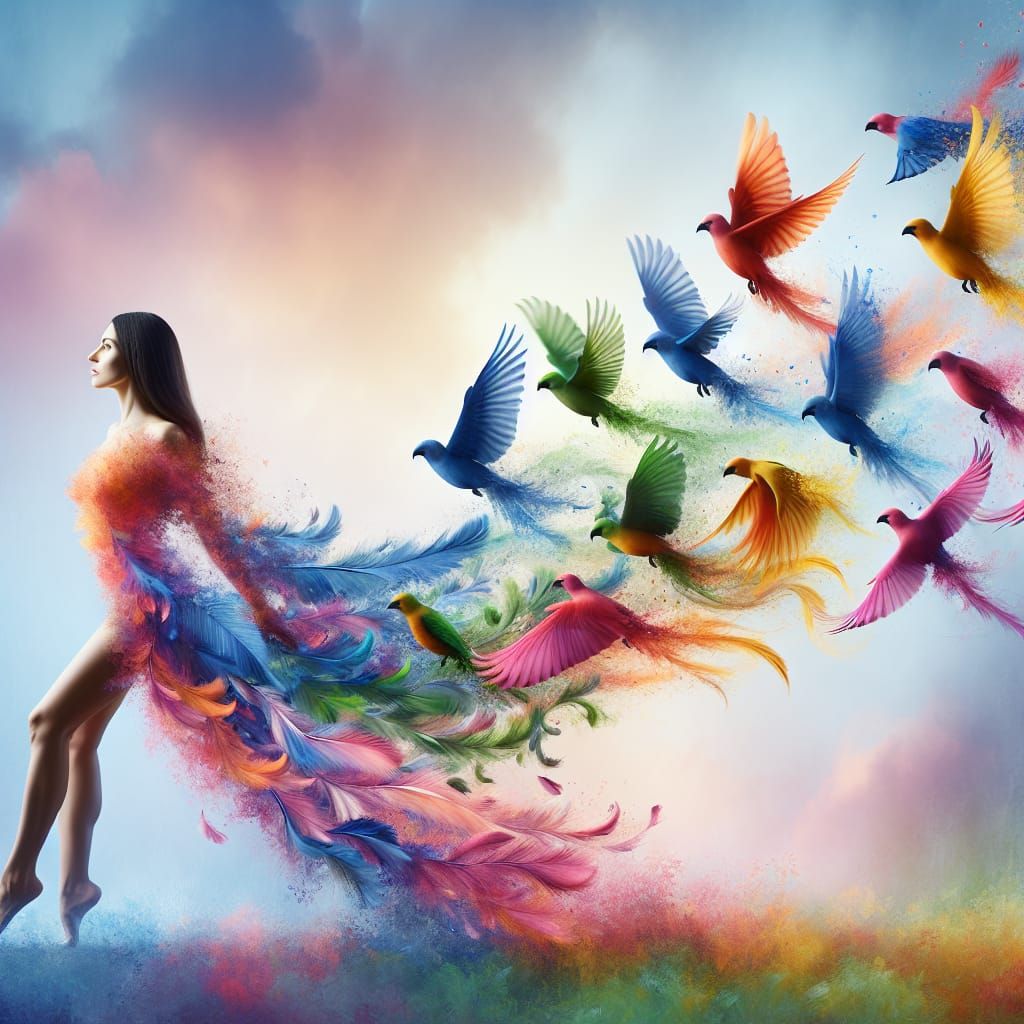 Surreal Transformation: Woman Becomes Birds in Pastel Landsc...