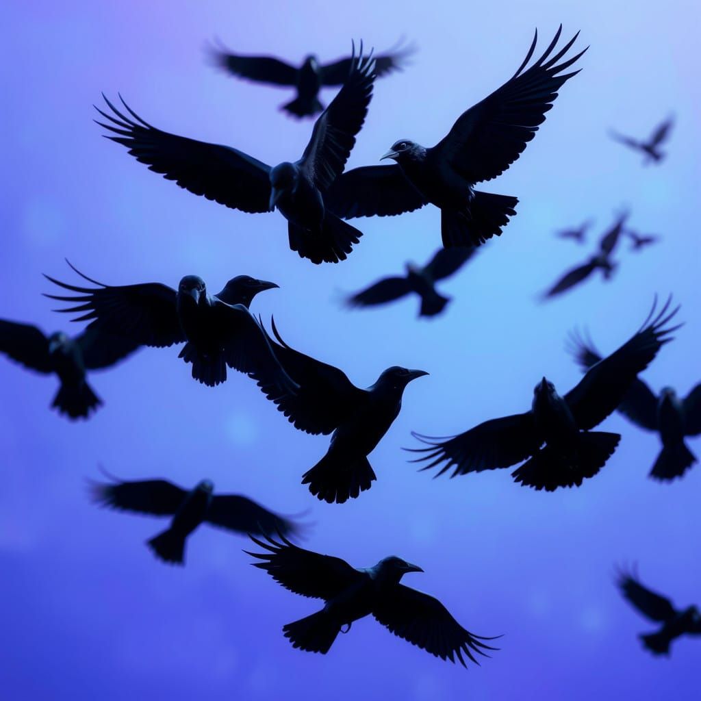 Crows Silhouetted Against Vibrant Gradient Sky in Pixar-Insp...