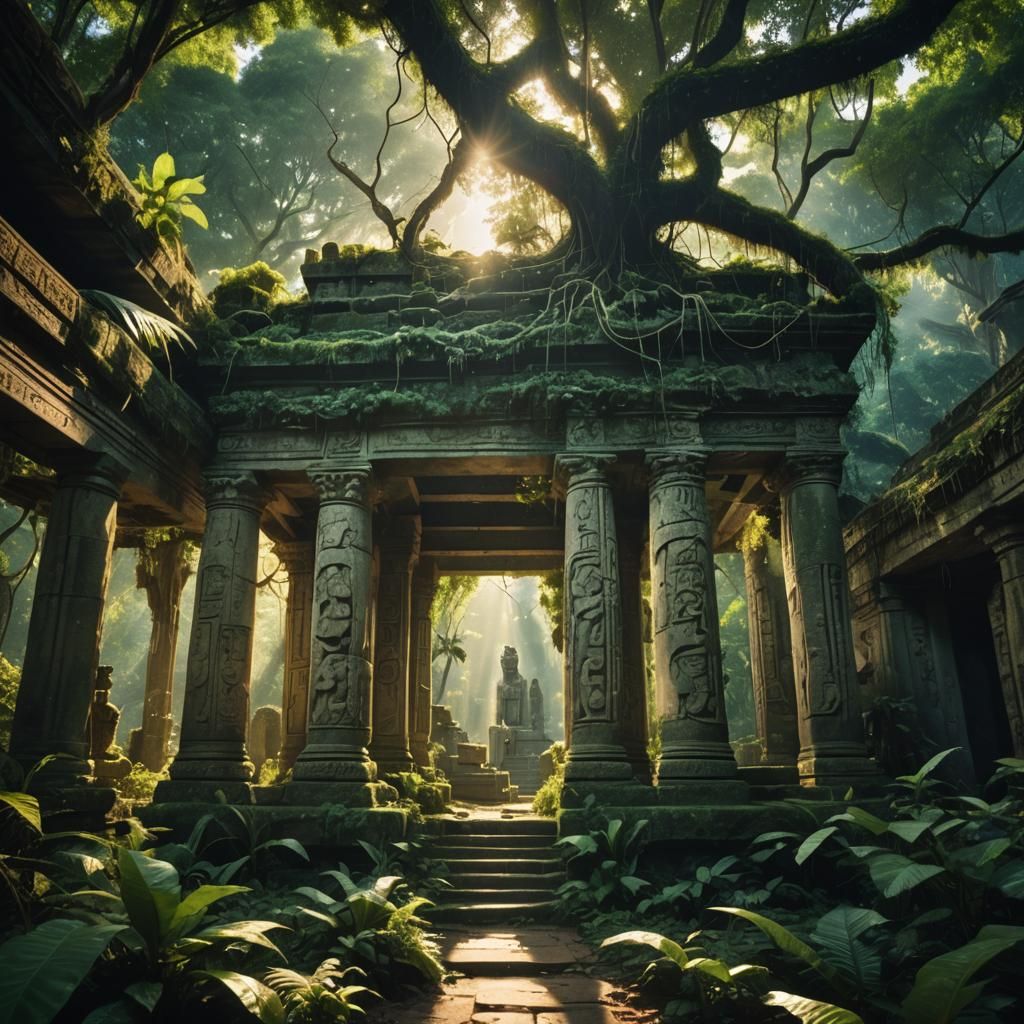 Sunlit Jungle Temple with Ancient Statues