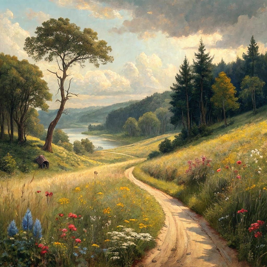 Hyperrealist Rural Landscape with Winding Path and Farmhouse