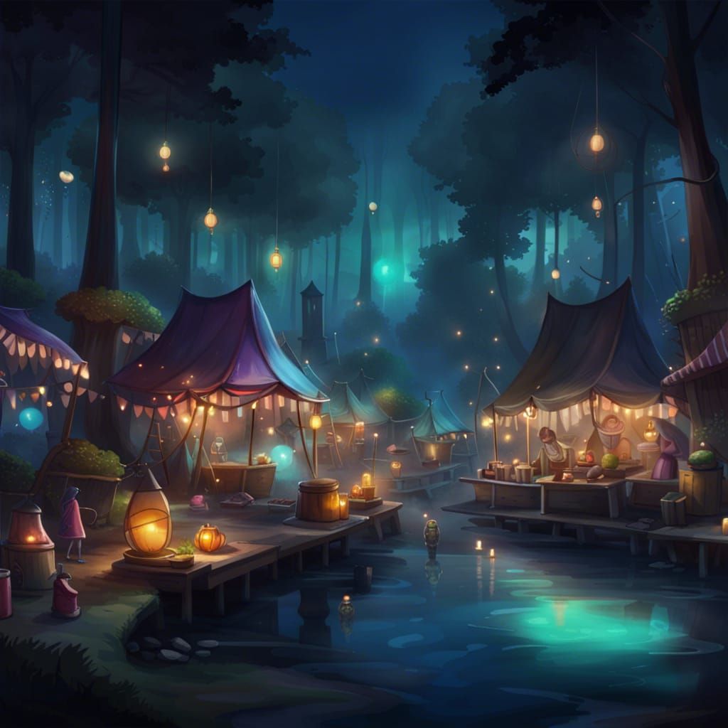 Enchanted Night Market in Mystical Forest