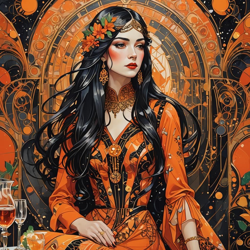 Art Deco Girl at Christmas Dinner, Klimt Inspired