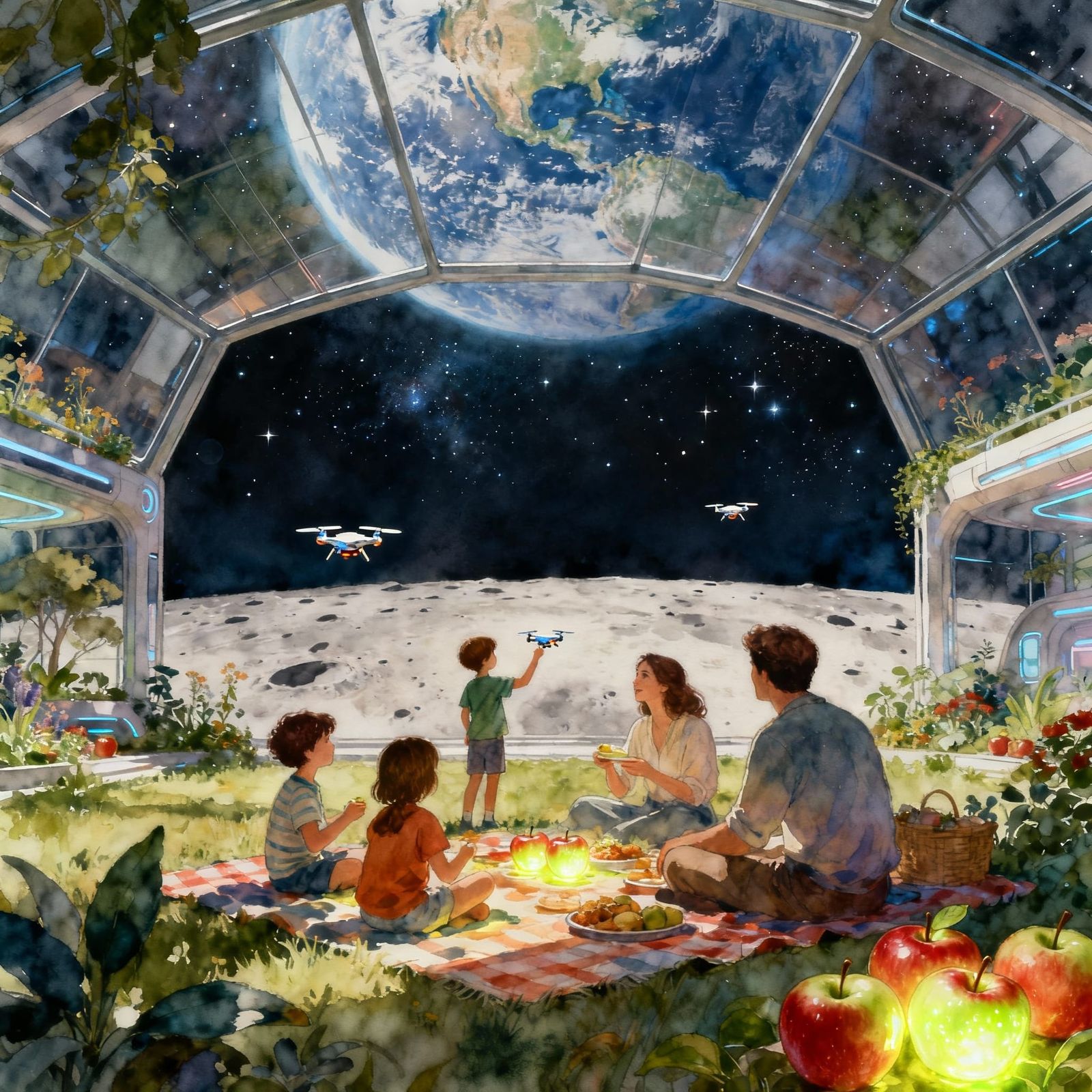 Futuristic Biodome Picnic on Moon with Earth View