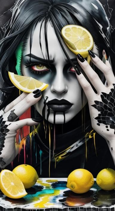 Surreal Emo Lemonade with Giant Hand, Watercolor Style