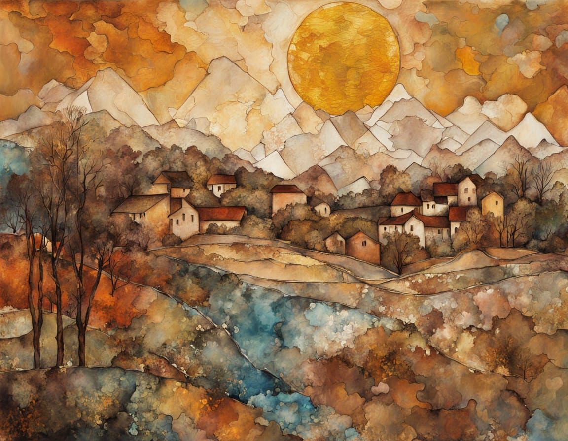 Kintsugi Mosaic Cityscape at Sunset as Impasto Painting