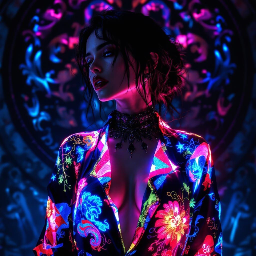 Goth Latina Woman with Bioluminescent Taino Tattoos