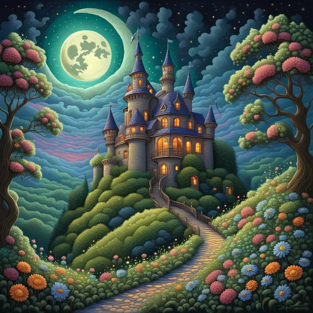 Enchanted Castle in Folk Art Style Under Starry Sky