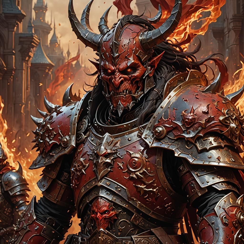 Khorne and Chaos Knight: Hyperrealistic Splash Art Portrait