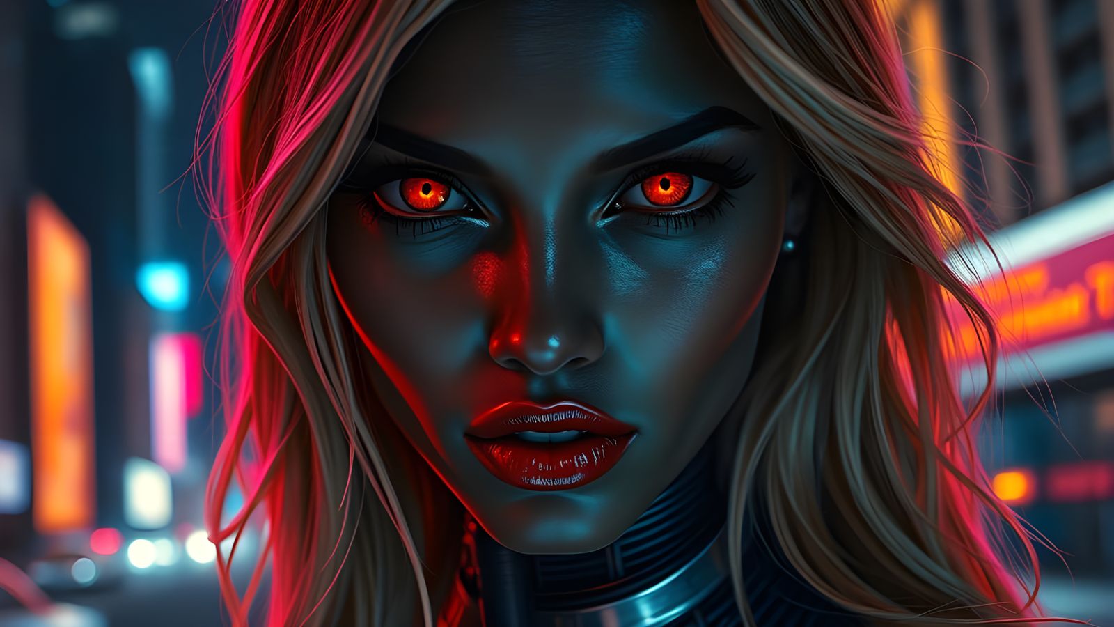 Cyborg Woman with Glowing Eyes in Hyperrealistic Portrait