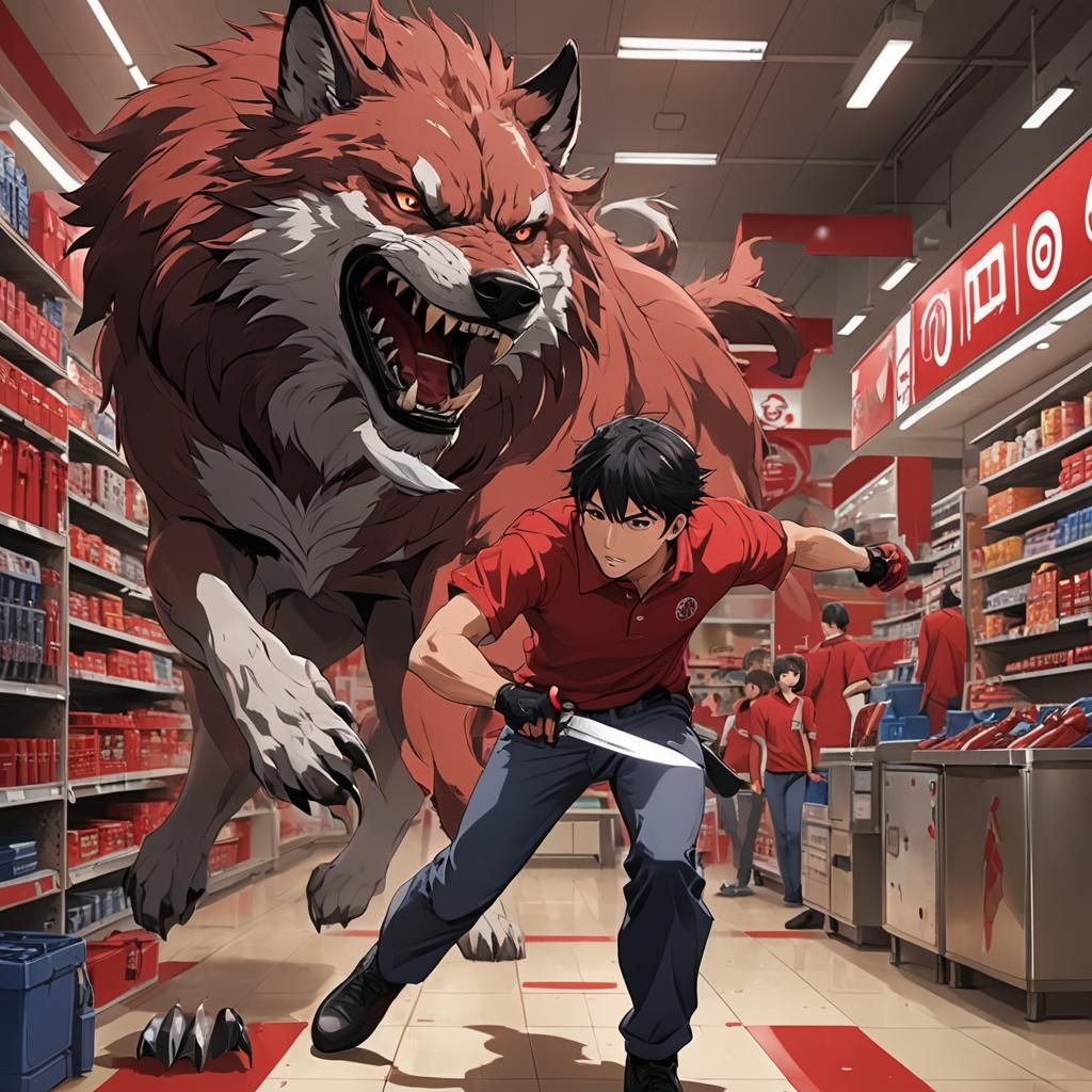 Korean Man Fighting Demon Wolf in Anime Style