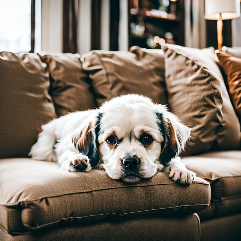 Cute Dog Relaxing Comfortably on a Couch