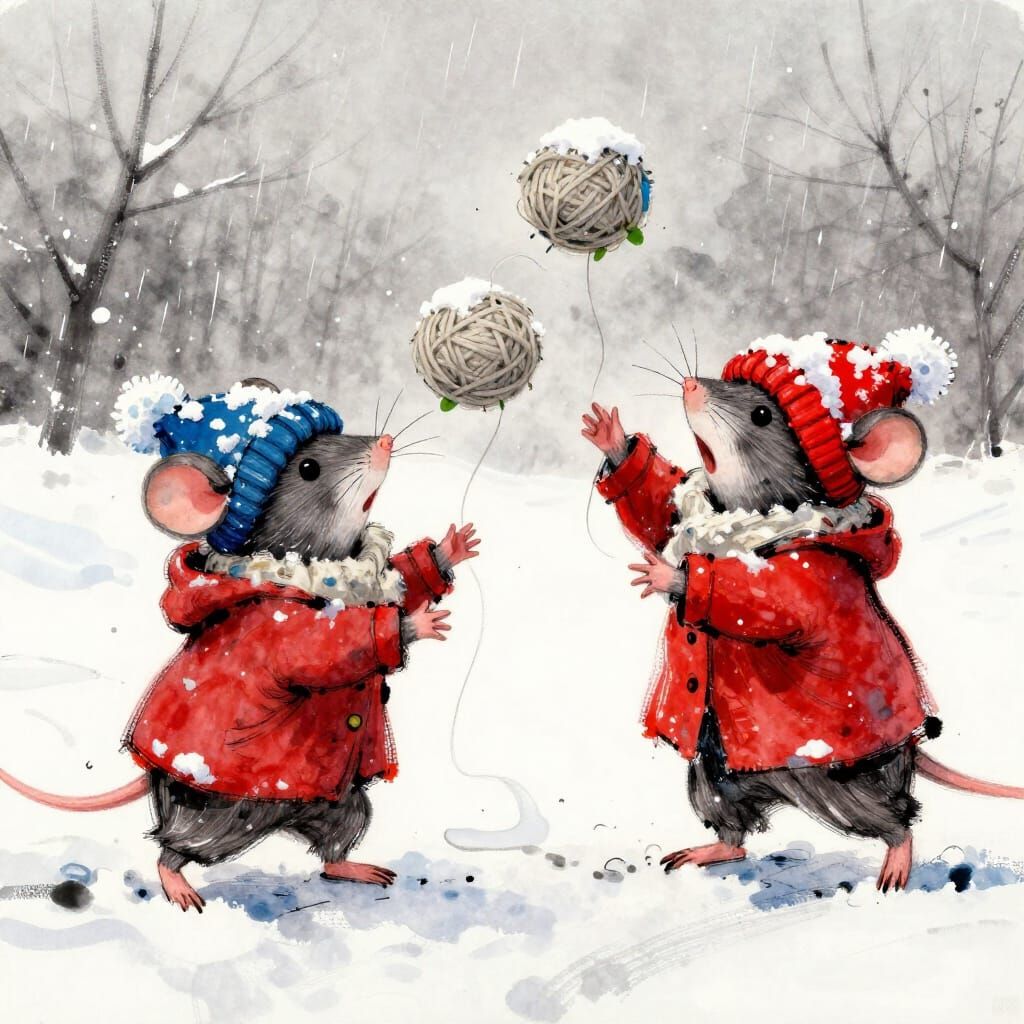 Mice Playfully Throw Wool in Snowy Rain