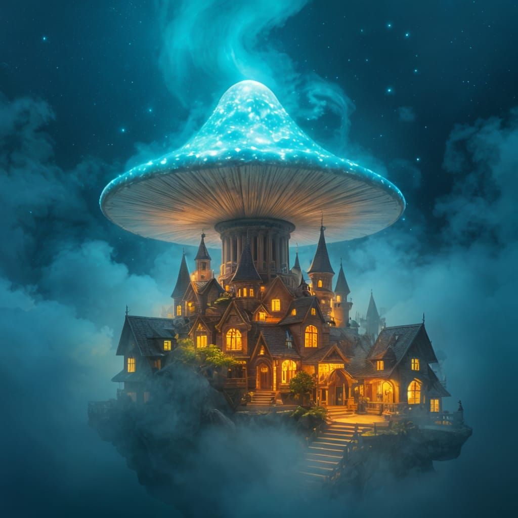 Ethereal Cityscape Blooms from Glowing Mushroom