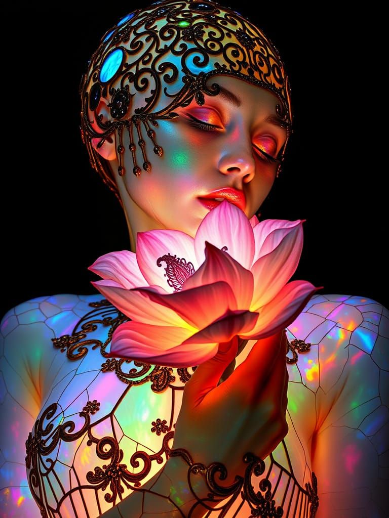Surreal Bioluminescent Body with Bronze Opal Filigree