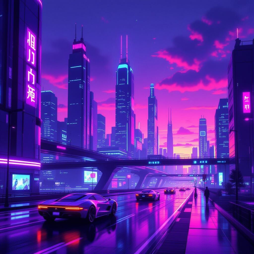 Vibrant Neon Cityscape in Synthwave Style