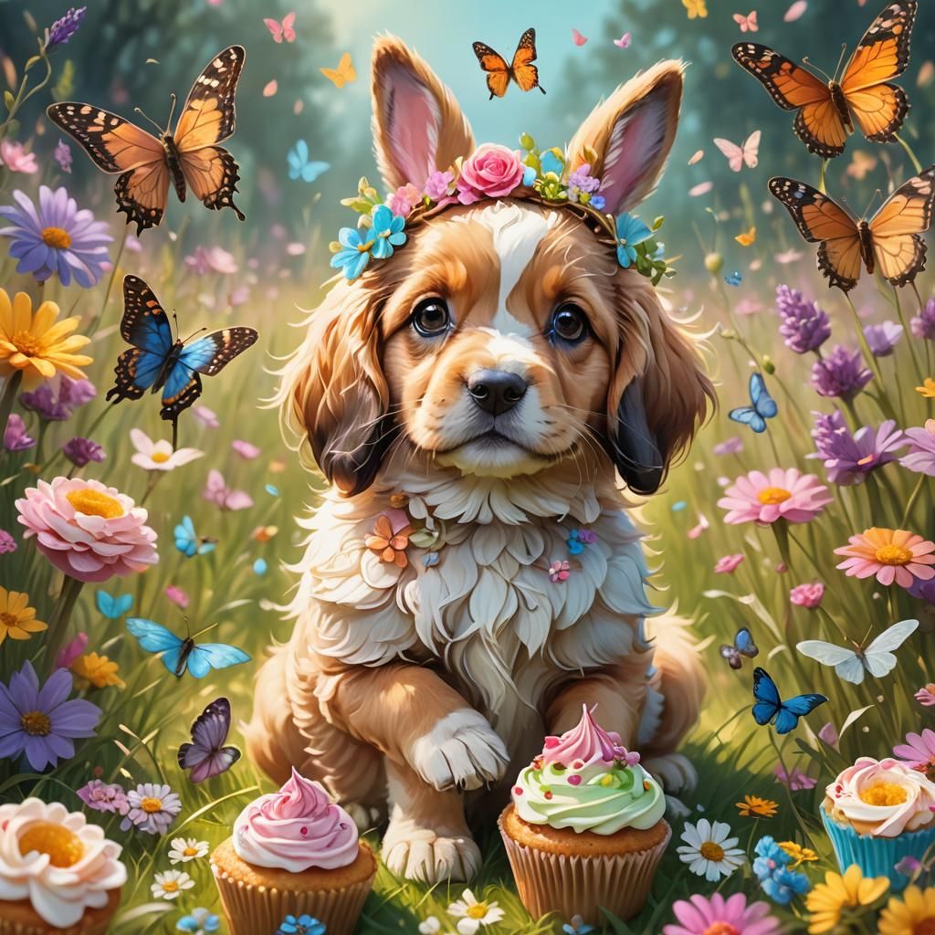 Puppy and Bunny Share Cupcake: Whimsical Fantasy Art