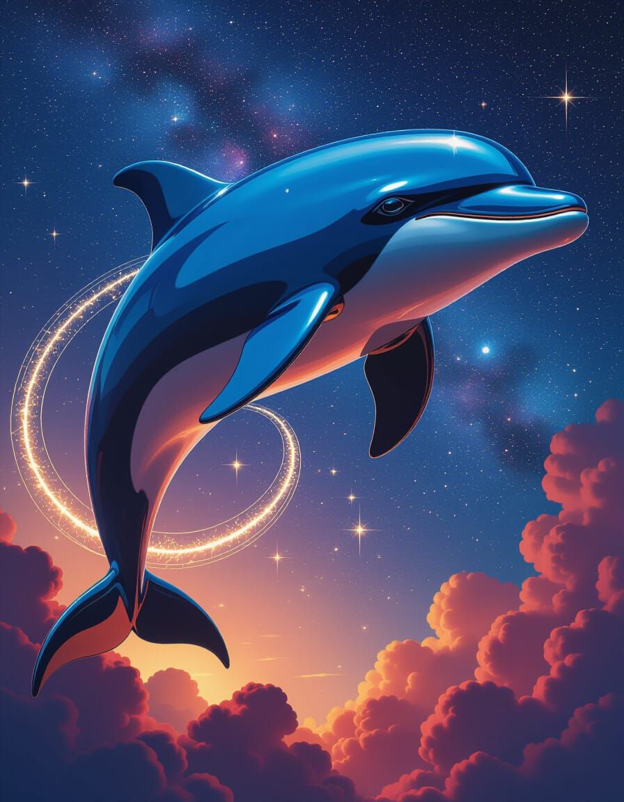Chrome Dolphin Sculpture in Cosmic Nebula